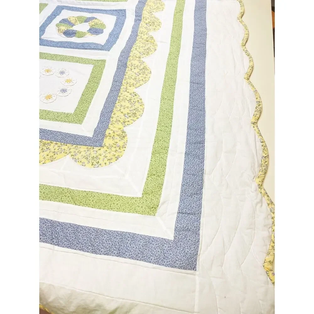 Handmade Full Size Blue Yellow Green Floral Quilt Scallop Doily Reversible